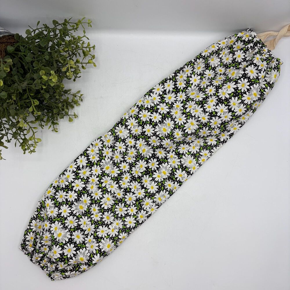 Grocery Bag Holder: Plastic Bag Organizer, Black Daisies with Dots